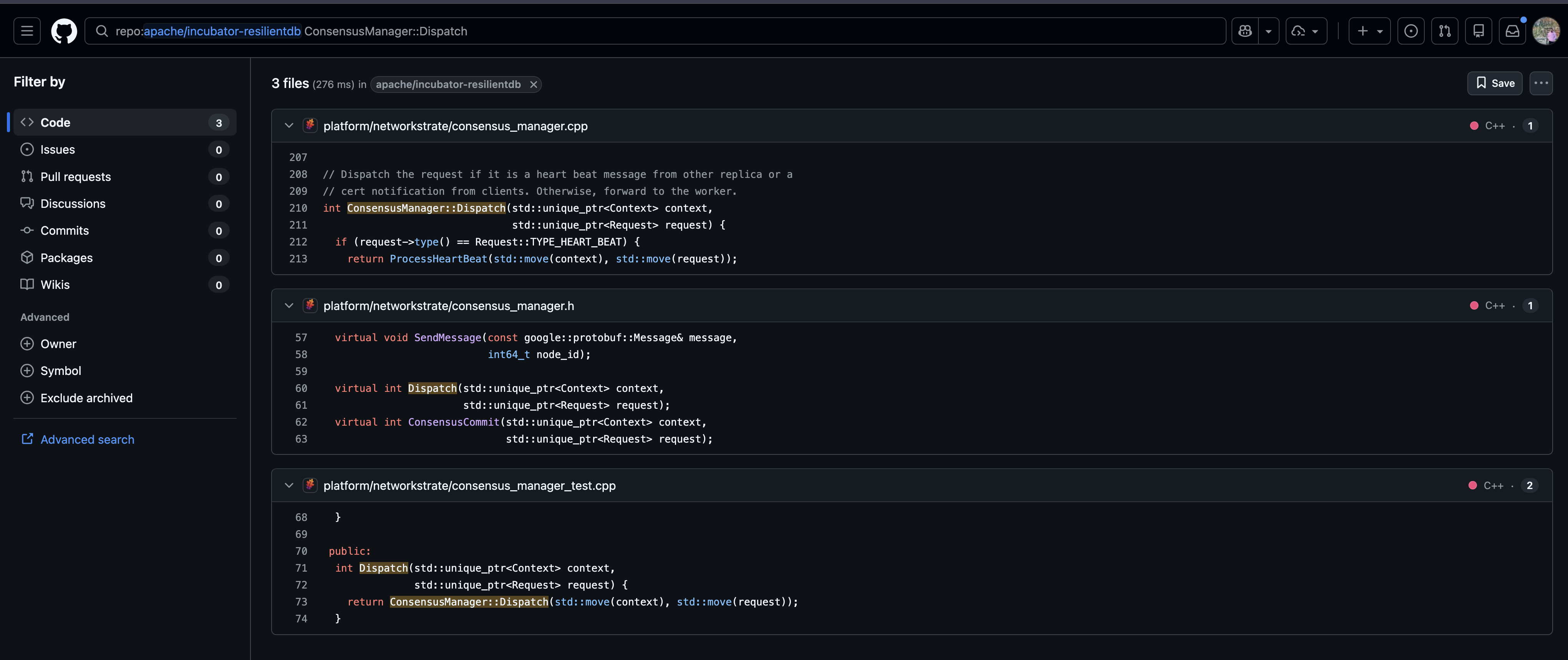 Source code search results from a flamegraph span