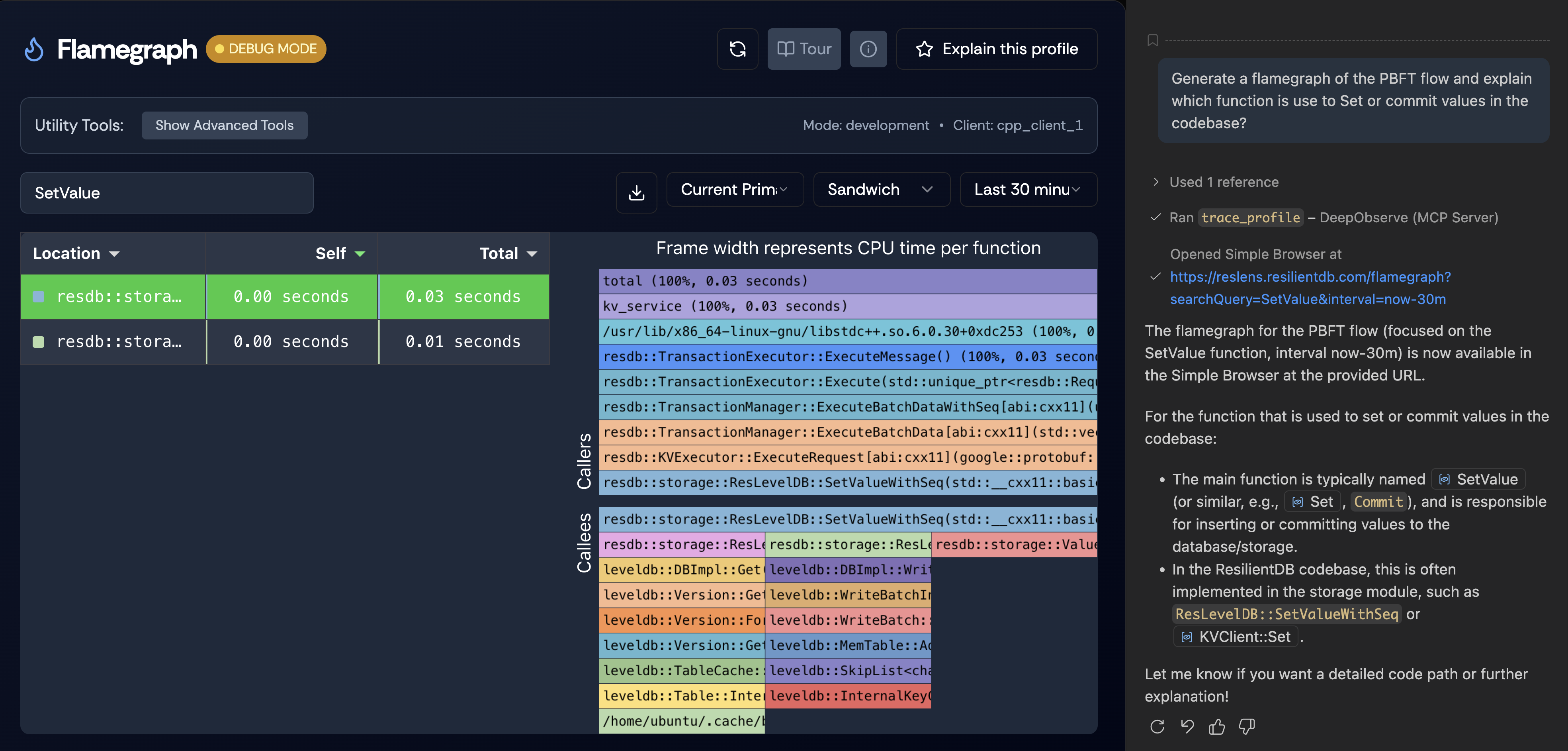 MCP trace_profile tool querying ResLens flamegraph