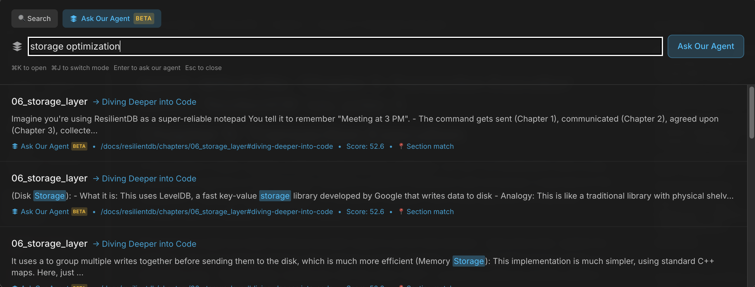 Agentic search results for storage optimization