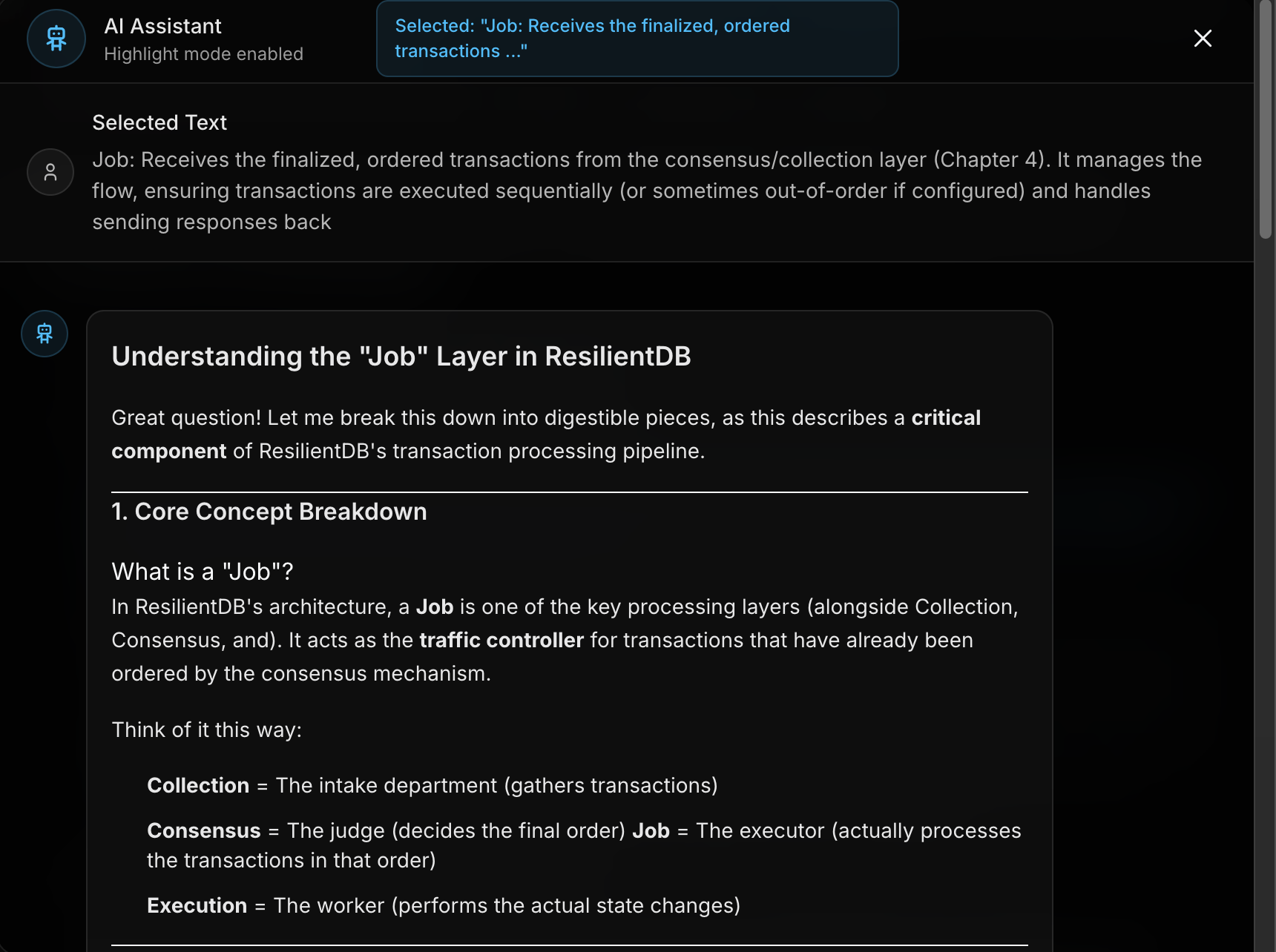 Highlight assistant explaining ResilientDB's Job layer