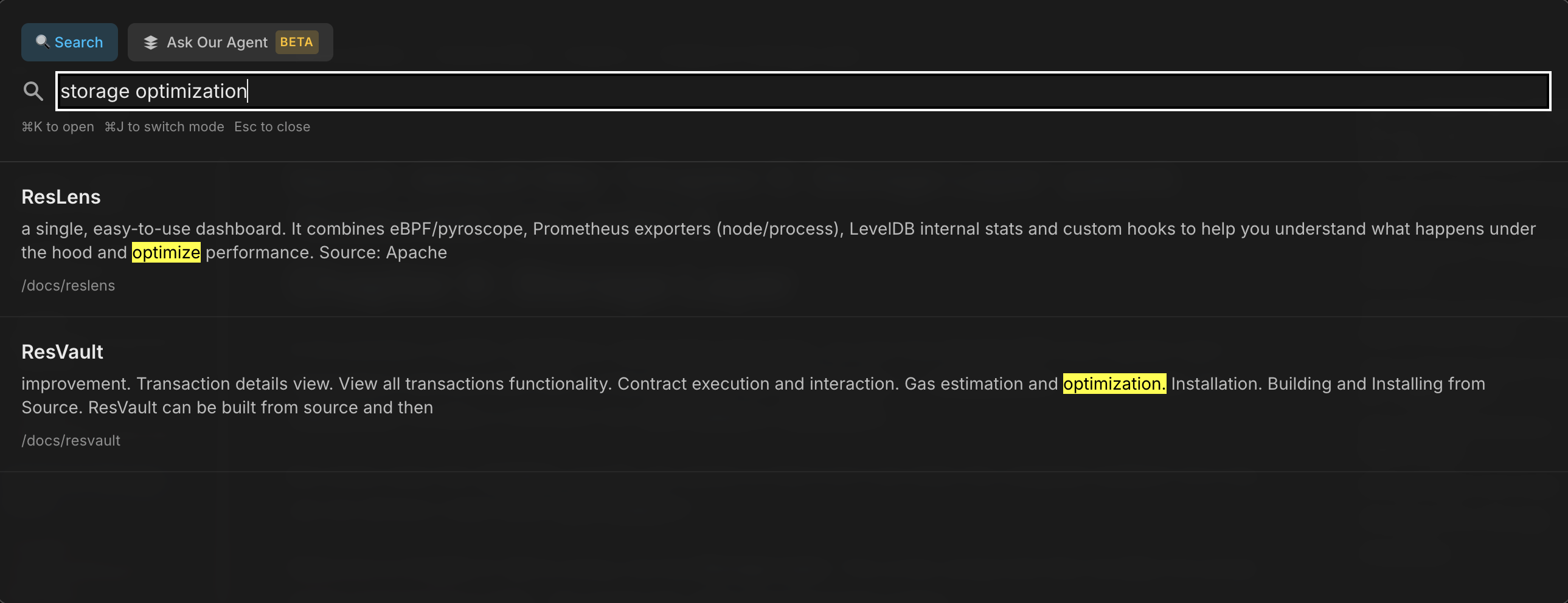 Keyword search for storage optimization