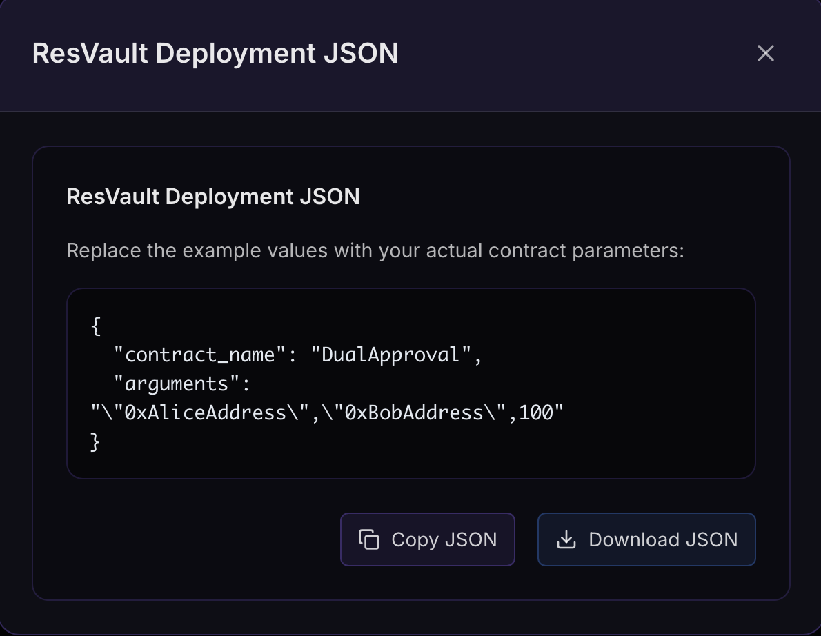 ResVault deployment JSON for DualApproval